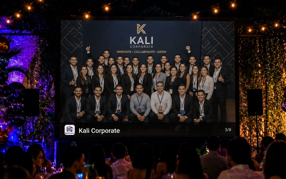 Corporate event slideshow preview with guest photos