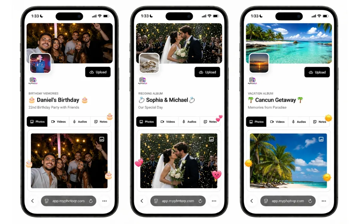 MyPhotoQR upload flow and live gallery preview on a phone